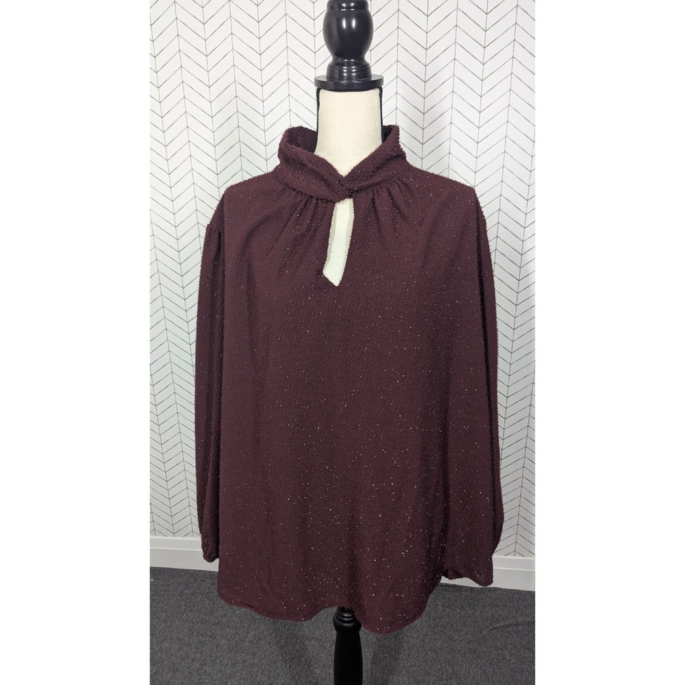 Nine West Blouse 3X Burgundy Balloon Sleeve Witchy Keyhole Top Sparkle Textured